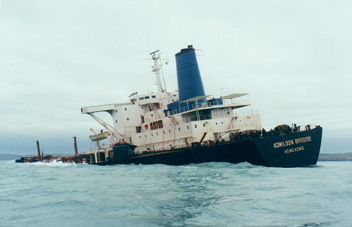 The 169,000 ton 'Kowloon Bridge' wrecked on the Stags in 1986
